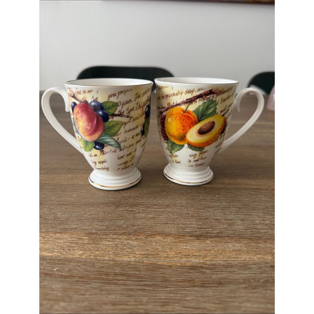 Vintage Royal Grafton Parchment Fruit Mugs Pair Fine Bone China Made In England